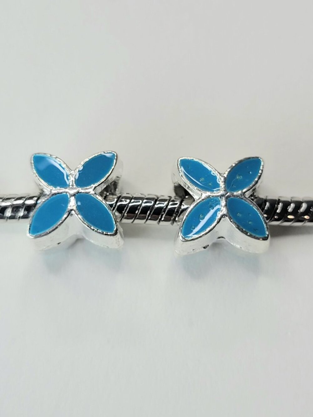 New! For Pandora Charm Bracelets TWO Bright Blue and Silver Color Leaf Flowers - Picture 4 of 4
